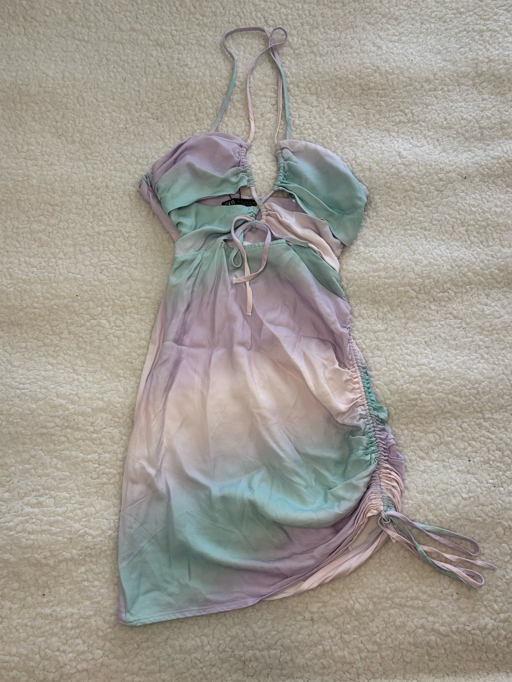 Zara Women Pastels Tie Dye Cut Out Ruched Mini Dress - Picture 1 of 10